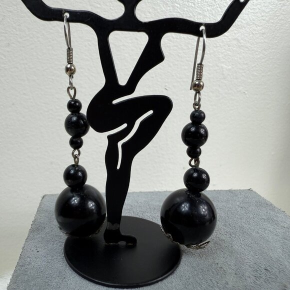 Black Bead Dangle & Drop Pierced Earrings - Picture 3 of 5